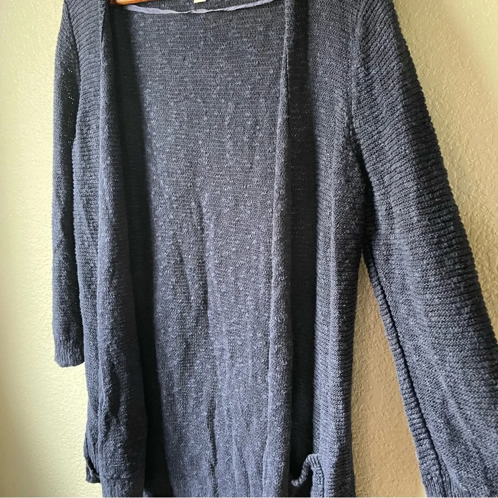 Loft Womens Medium Navy Blue Linen Cotton Open Front Knit Cardigan Boho Coastal
